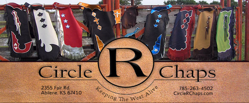 Rodeo Chaps from Circle R Chaps - Abilene, Kansas: Custom made leather rodeo chaps for the working cowboy, rodeo cowboy, show cowboy, part-time cowboy, bullriding, cowgirl and Rodeo Queen.  We manufacture leather, hair on hide or vinyl chaps and vests for adult and children. We custom make rodeo chaps, bullriding chaps, working chaps, hunting chaps, motorcycle chaps, show chaps, children's and youth chaps. Custom made to order or stock chaps with custom trim, stars, crosses, fringe, metallic, studs, conchos, tooled leather.
